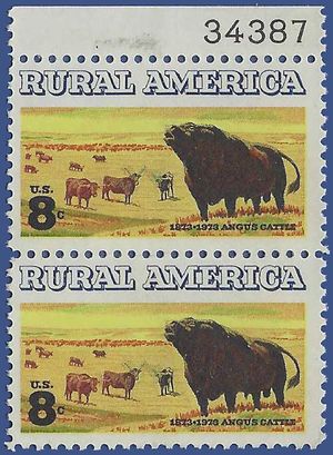 #1504 8c Angus and Longhorn Cattle 1973 Used Attached Pair w/Plate #