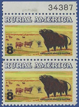 #1504 8c Angus and Longhorn Cattle 1973 Used Attached Pair w/Plate #