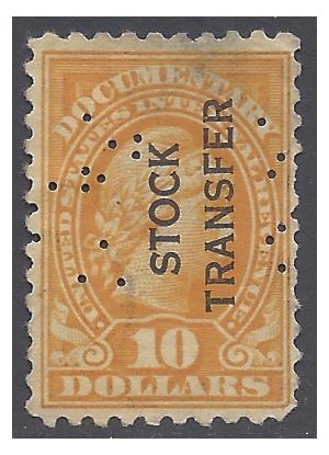 Scott RD 32 $10.00 Stock Transfer Stamp: Liberty 1928 Used Perfin