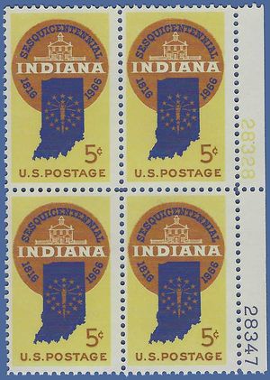 #1308 5c 150th Anniversary Indiana Statehood Block/4 1966 Mint NH
