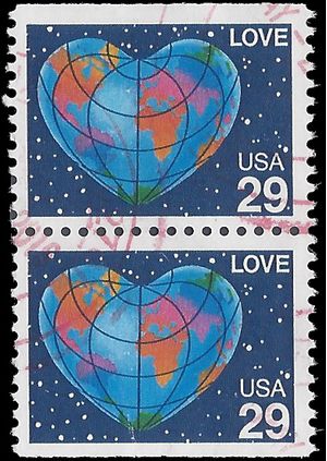 #2536 29c Love-Heart Shaped Globe Booklet Attached Pair 1991 Used