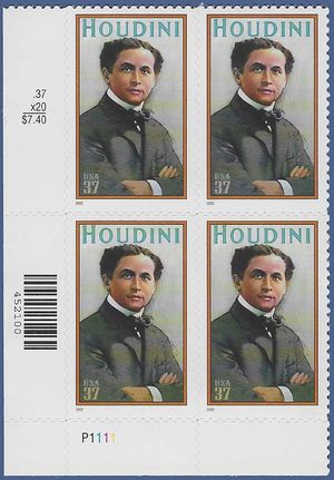 #3651 37c Harry Houdini PB/4 2002 Mint NH