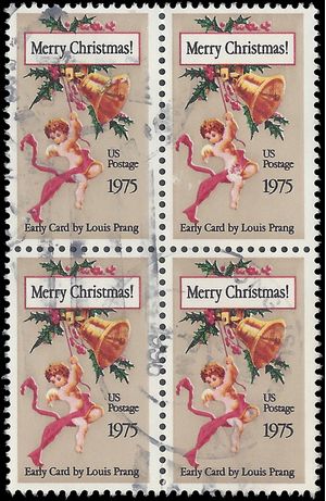 #1580 10c Christmas Card, by Louis Prang 1975 Used Block of 4