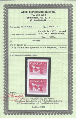 Canada #1695a 1998 46c Canadian Flag Coil Imperf Pair Mint NH Weiss Cert