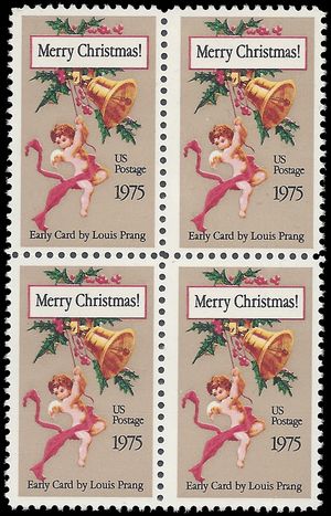 #1580c 10c Christmas Card, by Louis Prang 10.9 Perf Block/4 1975 Mint NH