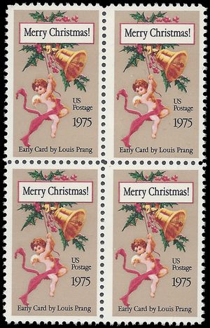 #1580c 10c Christmas Card, by Louis Prang 10.9 Perf Block/4 1975 Mint NH