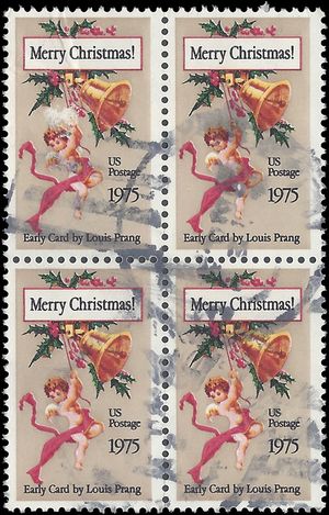 #1580 10c Christmas Card, by Louis Prang 1975 Used Block of 4 Wrinkle