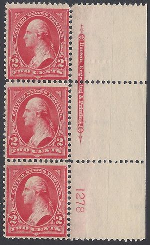 # 279b 2c George Washington Plate Number Strip/3 Ty IV 1899 Mint NH