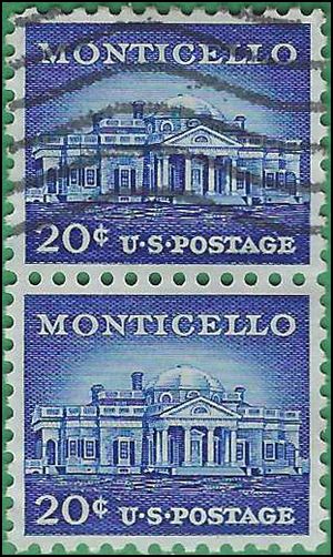 #1047 20c Liberty Issue Monticello 1956 Used Attached Pair