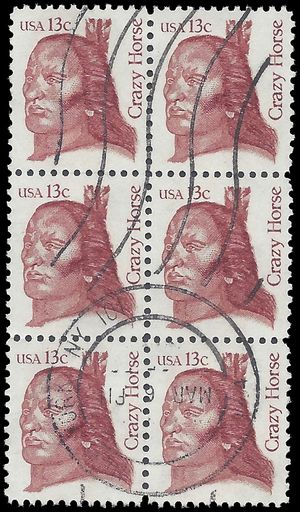 #1855 13c Great Americans Crazy Horse 1982 Used Block of 6