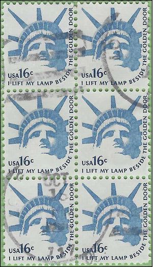 #1599 16c Americana Issue Statue of Liberty Head Block/6 1978 Used