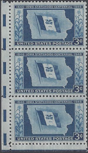 # 942 3c 100th Anniversary Iowa Statehood 1946 Used Strip of 3