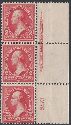 # 279b 2c George Washington Plate Number Strip/3 Ty IV 1899 Mint OG Inverted Reverse Watermark