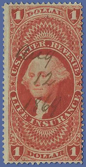 Scott R 71c $1.00 US Internal Revenue Life Insurance 1862-1871 Used