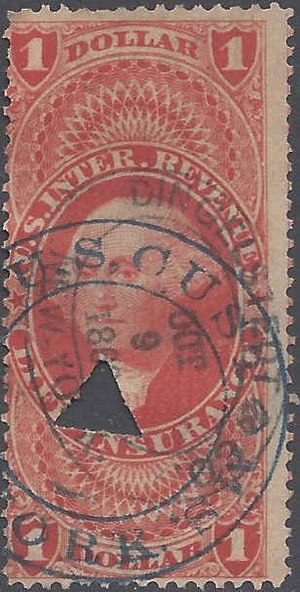 Scott R 71c $1.00 US Internal Revenue Life Insurance 1862-1871 Used