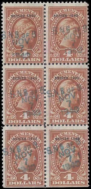 Scott R279 $4.00 Internal Revenue Documentary Block of 6 1940 Used