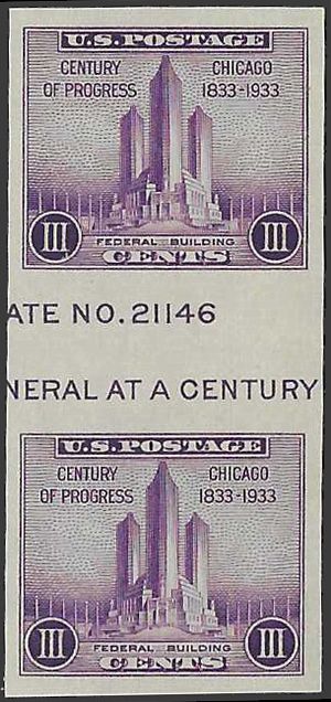 # 767 3c Century Of Progress Farley Issue Horizontal Gutter Pair 1933 Mint NH