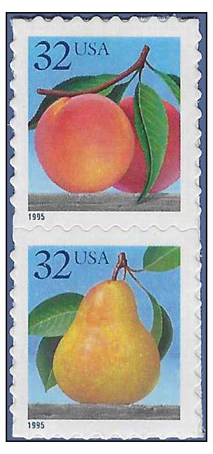 #2493-2494b 32c Peach and Pear Booklet Attached Pair 1995 Mint NH