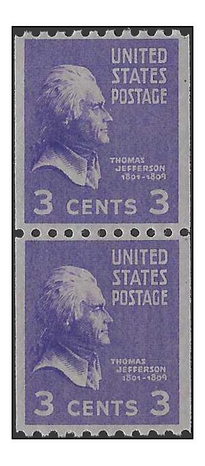 # 851 3c Presidential Issue Thomas Jefferson Coil Pair 1939 NH