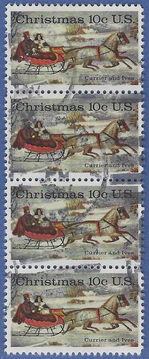 #1551 10c Christmas Currier and Ives 1974 Used Strip of 4