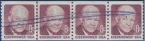 #1402 8c Dwight D. Eisenhower Coil Strip/4 w/Line Pair 1971 Used