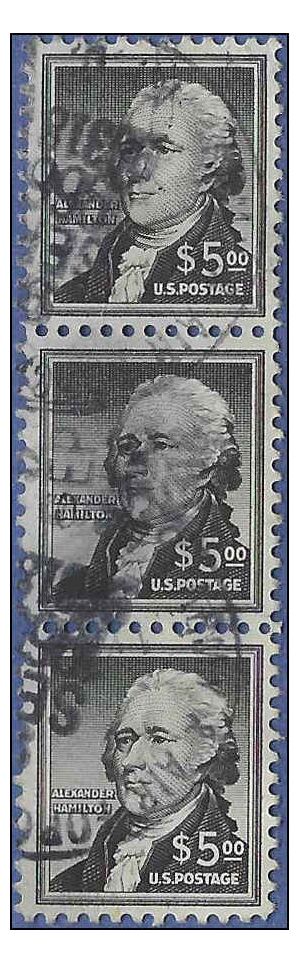 #1053 $5.00 Liberty Issue Alexander Hamilton 1956 Used Strip of 3